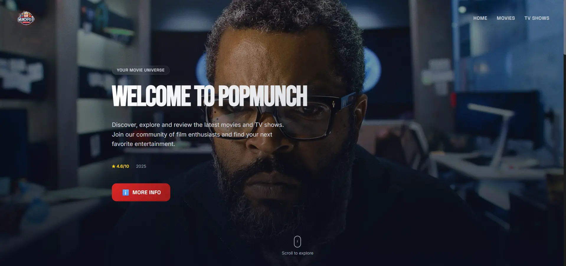 PopMunch platform showing movie and TV show discovery interface with trending content