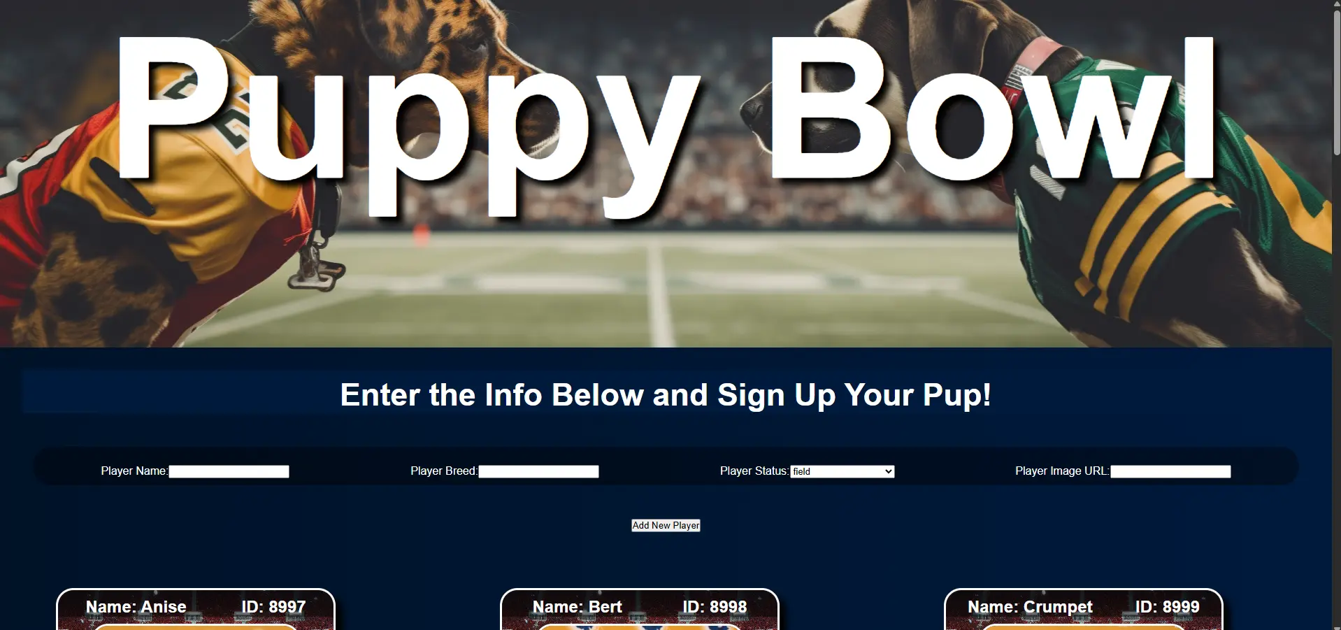 Puppy Bowl application showing grid of puppy player cards with images and details