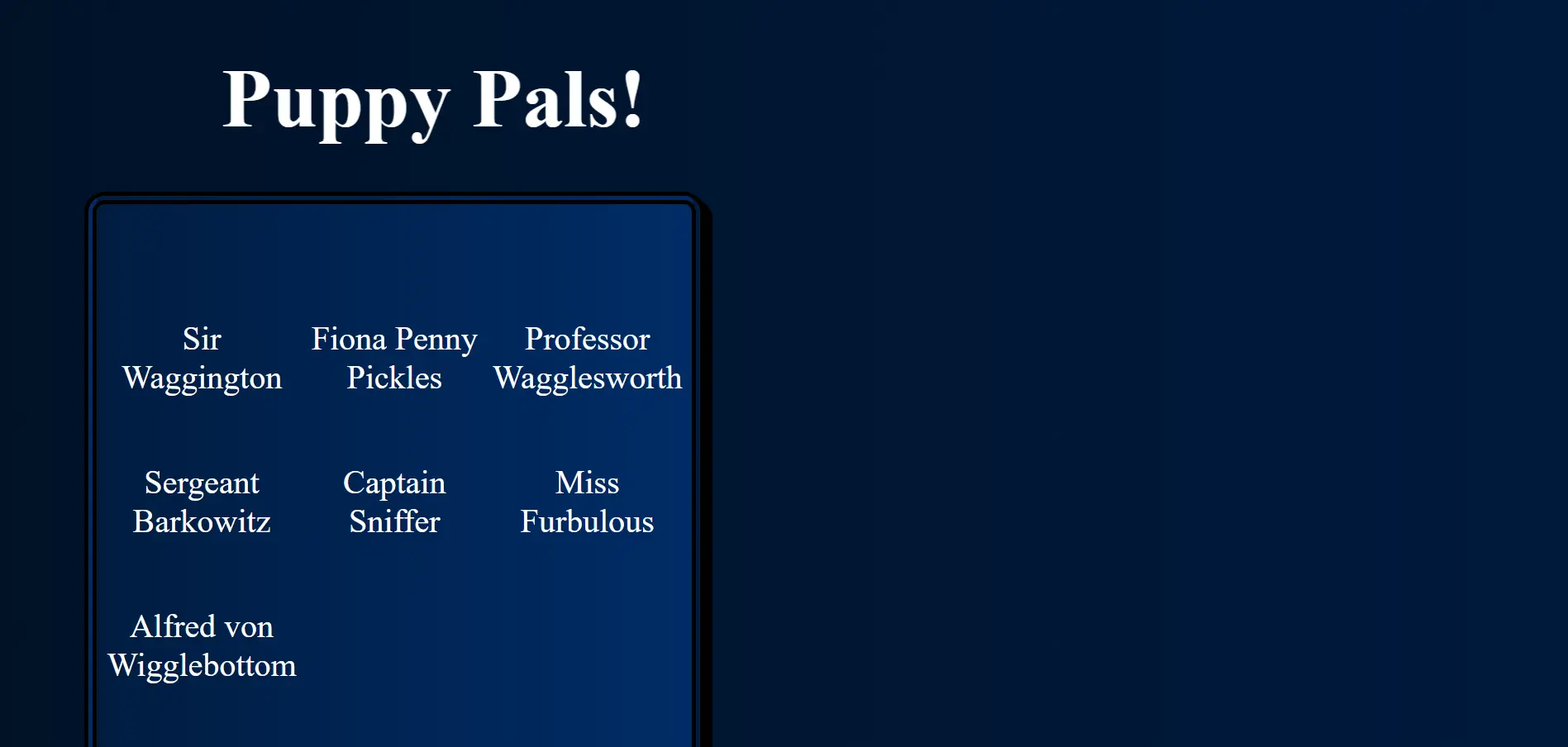 Puppy Pals interface showing grid of puppy names and detailed information card